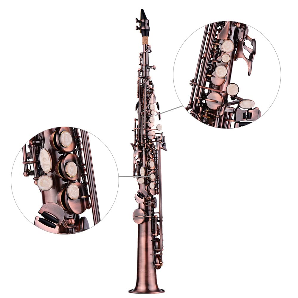 Btuty Red Bronze Bb Soprano Saxophone Sax Woodwind Instrument Carve Pattern with Case Gloves Cleaning Cloth Straps Brush